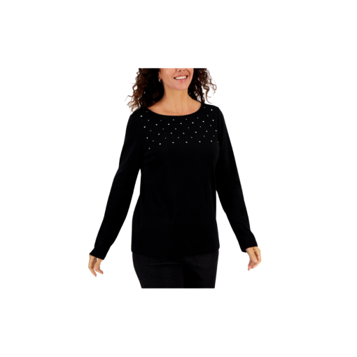 Karen Scott Women's Embellished Cotton Tunic Top, Created for Macy's - Deep Black S