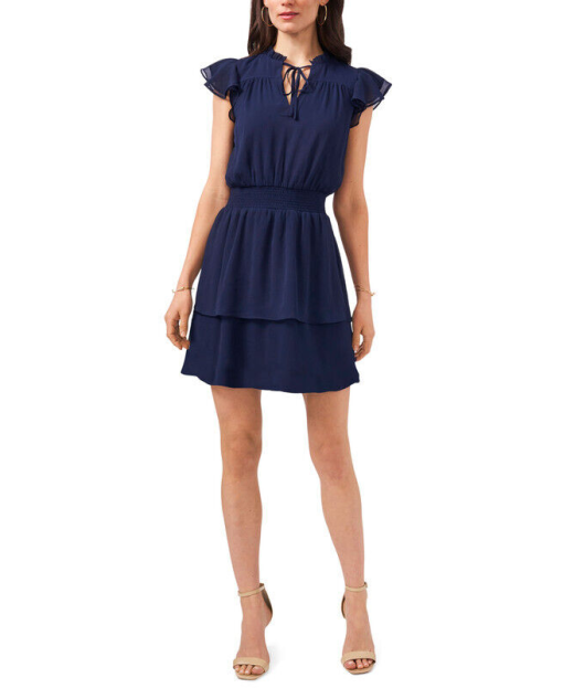 Msk Petite Flutter-Sleeve Tiered-Hem Dress Navy PS