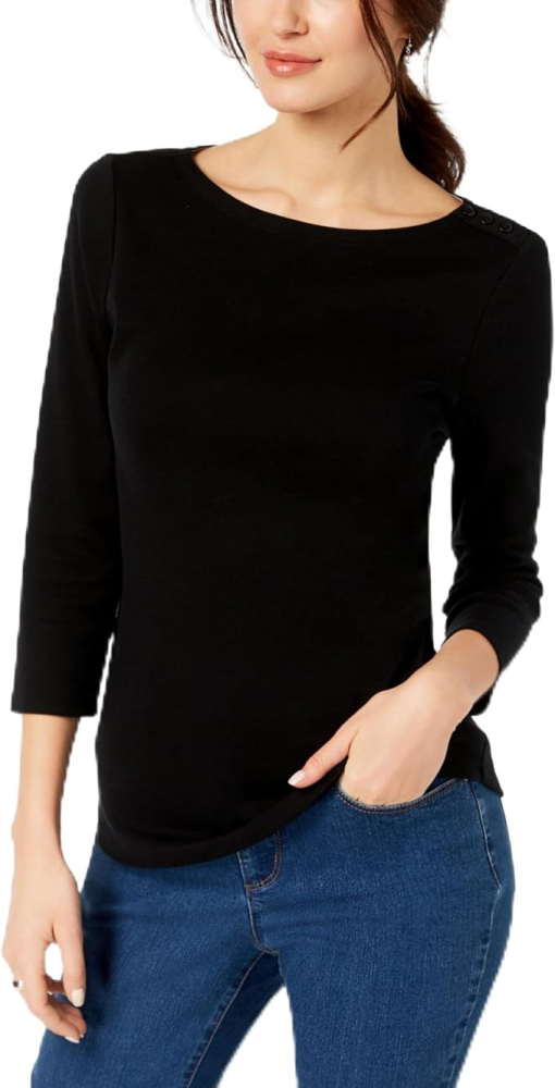 Charter Club Petite Pima Cotton Button-Shoulder Top,Deep Black PM