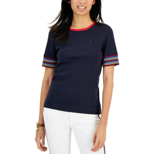 Tommy Hilfiger Women's Cotton Striped-Sleeve T-Shirt - Sky Captain size S