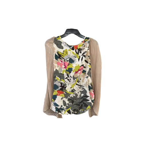 BCBGMAXAZRIA Floral Blouse XS Beige Pleated Sleeve Top - Image 2