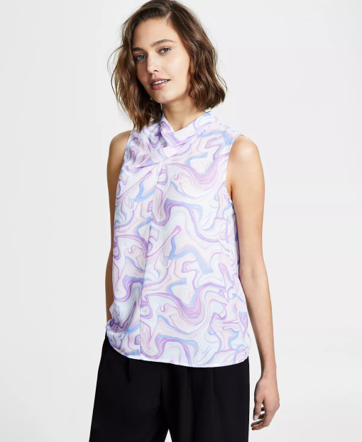 Bar III Marble Print Cowl Neck Blouse - XXS - Women's Tops