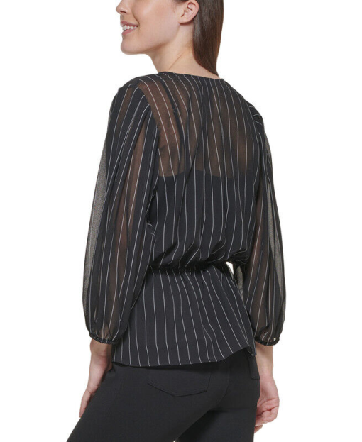 DKNY Black Striped Blouse - Sheer Top - Size S - Women's Fashion - Image 2