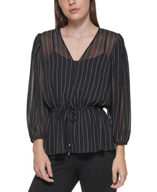 DKNY Black Striped Blouse - Sheer Top - Size S - Women's Fashion