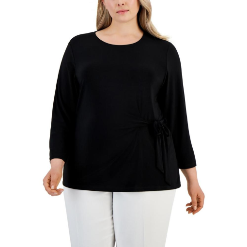 Kasper Plus Black Tie-Waist Top 3X - Women's Blouses & Shirts