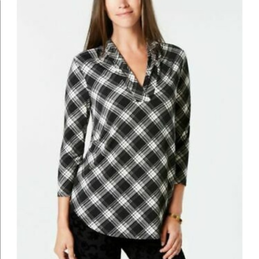 Charter Club Plaid Top Black & White S Women's Blouse - Plaid Shirt