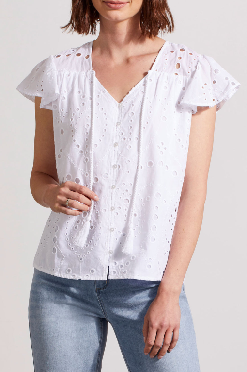 Anne Klein White Eyelet Blouse - XXS - Women's Tops - Ruffle Sleeve - Image 2