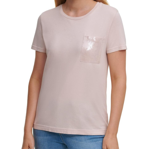 DKNY Women's Blush Sequin Pocket Tee - Size S - T-Shirts