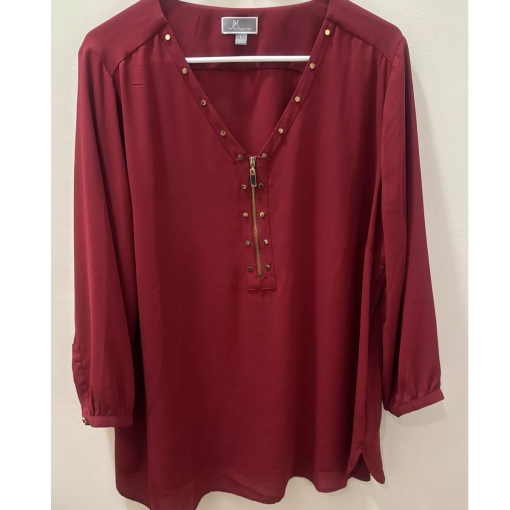 JM Collection Burgundy Blouse Large Women's Tops Zipper Detail