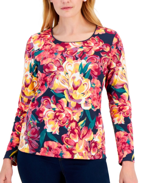 Karen Scott Floral Print Top - Intrepid Blue, Medium - Women's Shirts