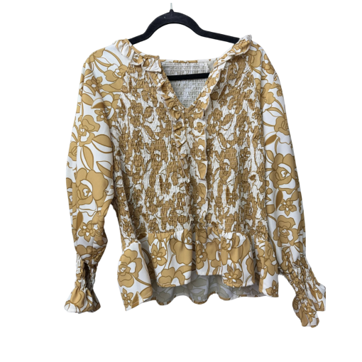 Floral Blouse - White & Gold, Size M - Women's Tops