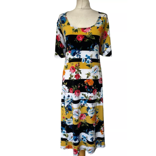 NINA-LEONARD Floral Maxi Dress 3X Yellow Black White Striped Dress