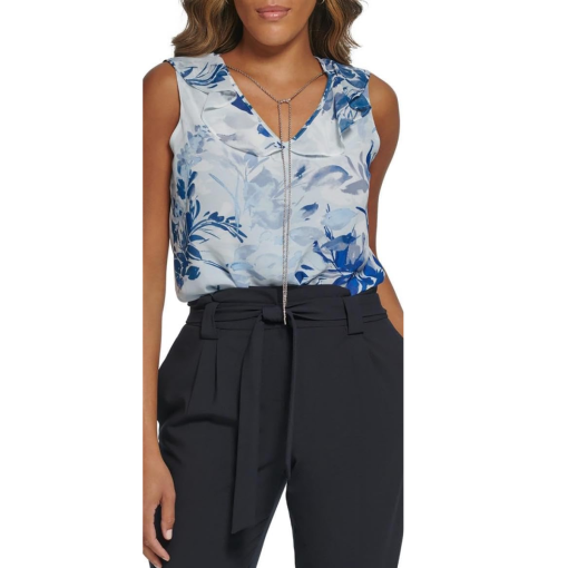 Calvin Klein Blue Floral Ruffle Shell Top - Size S - Blouses