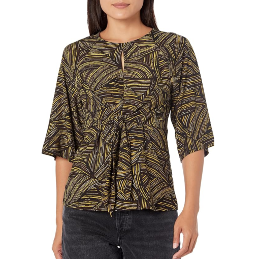 Kasper Petite Black/Yellow Tie Front Blouse - Women's Tops