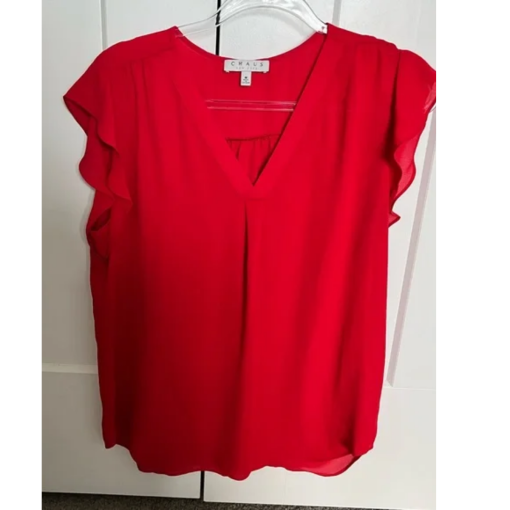 CHAUS Red Blouse Medium Women's Top | Ruffle Sleeve Shirt