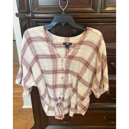 PAIGE Plaid Top - Cream/Burgundy, Size S - Women's Blouse