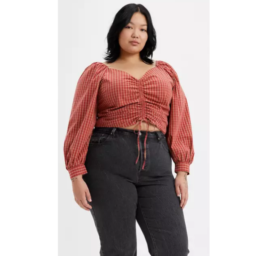 Levi's Plus Red Plaid Ruched Top - 2X - Women's Blouse