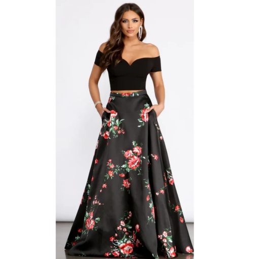 Windsor Black Floral 2-Piece Prom Dress - Size [Specify] - Gown