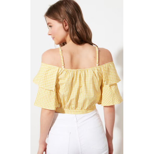 Trendyol Yellow Gingham Off-Shoulder Crop Top - Women's Blouses - Image 2