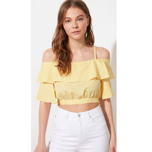 Trendyol Yellow Gingham Off-Shoulder Crop Top - Women's Blouses