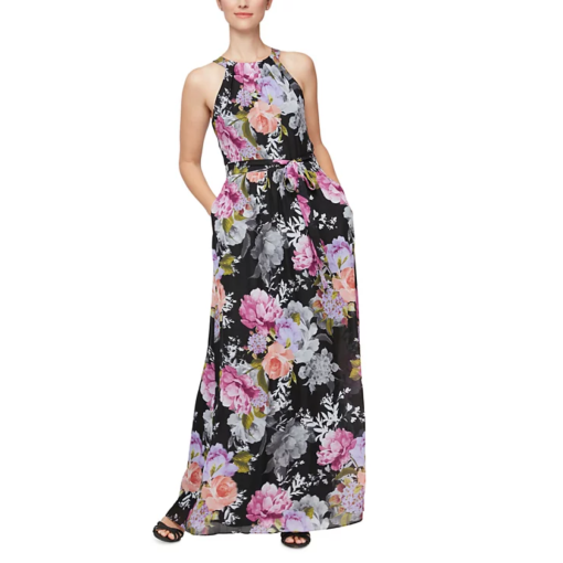 SLNY Black Floral Maxi Dress Size 8 - Evening Gown