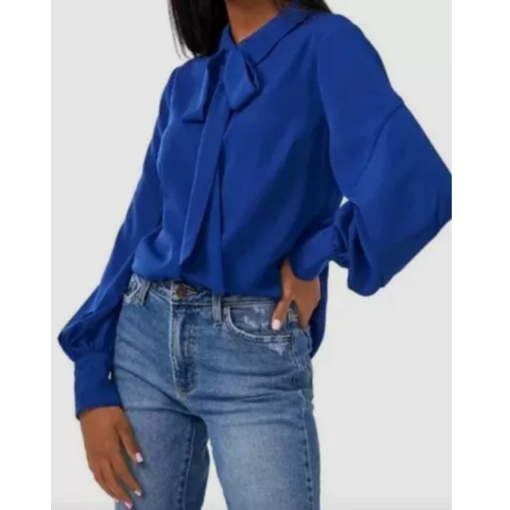 Riley & Rae Blue Tie Neck Blouse XXS - Women's Work Top