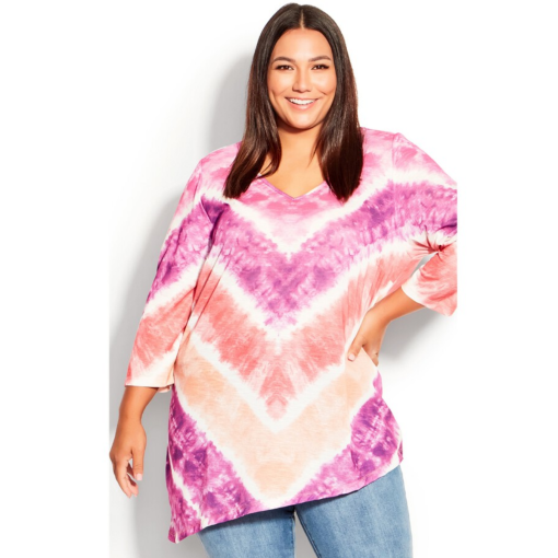 Avenue Plus Size Tie Dye V-Neck Top - Pink/Purple 30-32