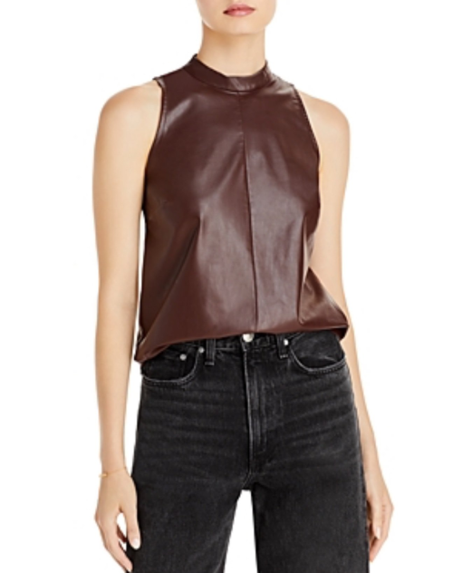 Aqua Faux Leather Mock Neck Top - Brown - XS - Women's Blouse