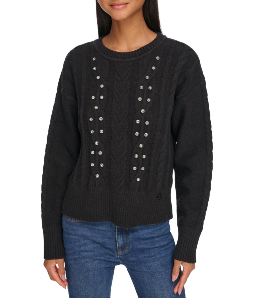 Karl Lagerfeld Black Rhinestone Sweater - Small Cable Knit Top