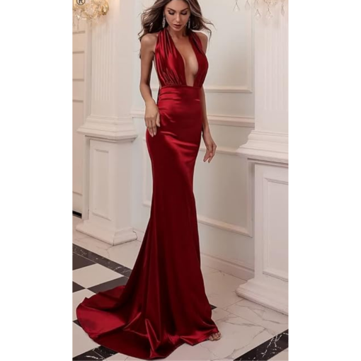 Miss ORD Red Satin Halter Maxi Dress - Size M - Formal Gown