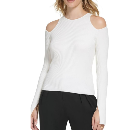 Calvin Klein White Ribbed Cold Shoulder Sweater - XL - Women's Top