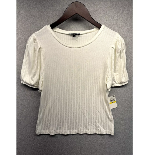 1.STATE White Ribbed Puff Sleeve Top - Size M - Women's Shirt