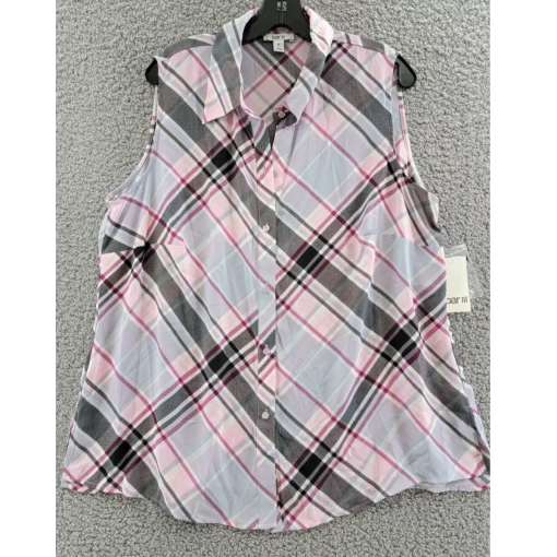 Bar III Plaid Sleeveless Blouse Pink Gray 3X Women's Top