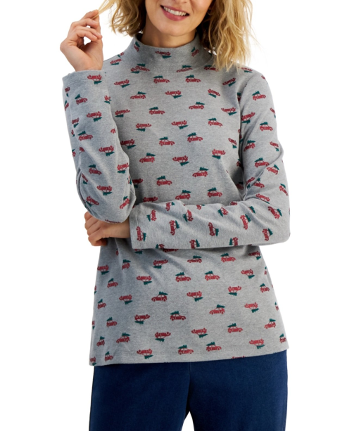 Karen Scott Gray Christmas Print Turtleneck Top - XS - Women's Shirts