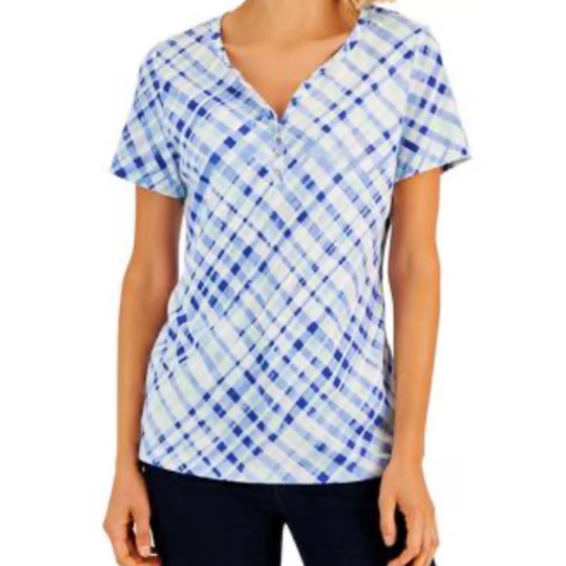 Karen Scott Blue Plaid Henley Top - Women's Medium - Knit Shirts