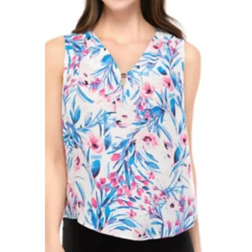 Kasper Plus Floral Print Sleeveless Blouse - White/Blue/Pink 3X Top