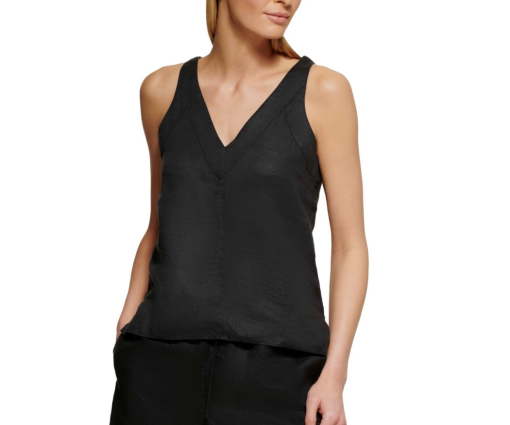 DKNY Black Linen V-Neck Tank Top - Women's XL - Sleeveless Shirt