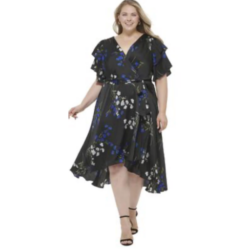 DKNY Plus Black Floral Wrap Dress 20W - Midi Dress for Women