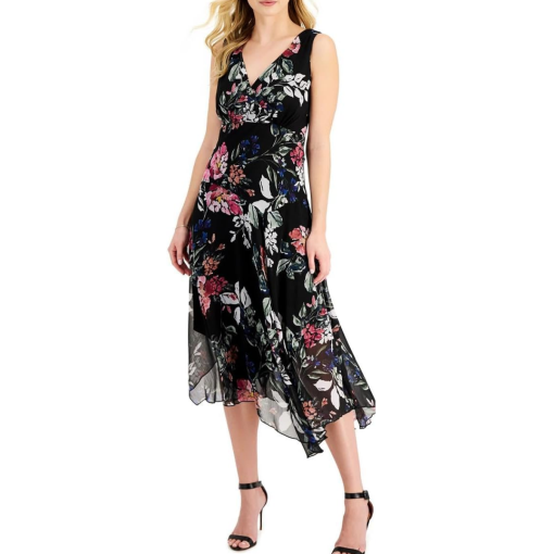 Connected Plus Black Floral Dress 24W Sleeveless Handkerchief Hem Women's Dress