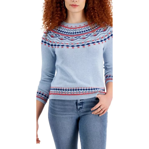 Style & Co Fair Isle Crewneck Sweater - Light Blue - L - Women's Sweater