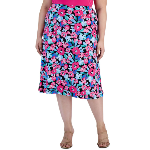 KASPER Floral Print Midi Skirt - Black/Pink - Size S - Women's Skirts