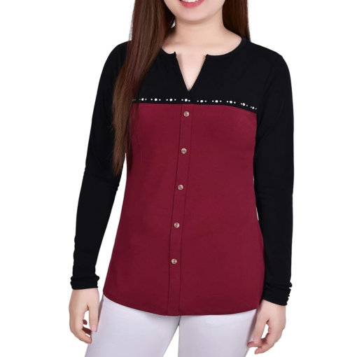 Ny Collection Wine Colorblock Blouse - Long Sleeve Top - Size L