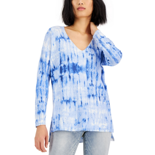 I.N.C. Tie-Dye V-Neck Sweater - Blue - Medium - Women's Knitwear