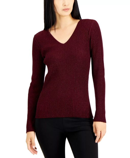 Alfani Women's Burgundy Ribbed V-Neck Sweater - Size L - Knitwear