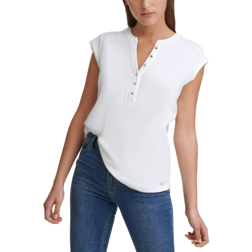 Calvin Klein White Henley Top - Medium - Women's Shirts