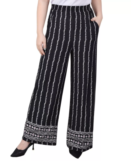 NY Collection Petite Black Floral Wide Leg Pants - PS - Women's