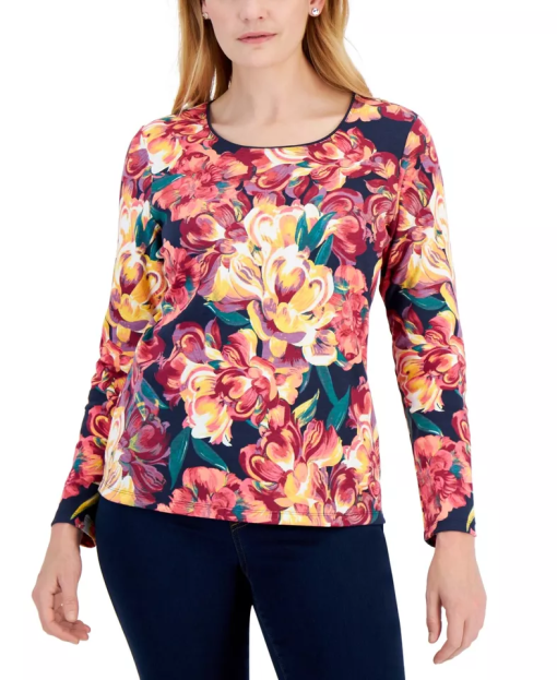 Karen Scott Floral Print Top - Intrepid Blue, Size M - Women's Shirts