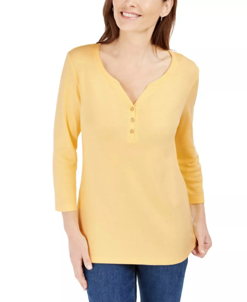 Karen Scott Petite Henley Top - Citron Aura, Size L - Women's Shirts