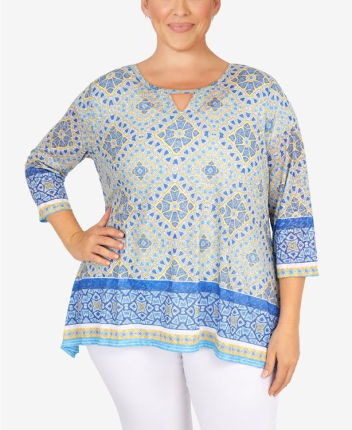 Ruby Rd. Plus Blue Geometric Print Tunic Top - Size 1X - Women's Blouse