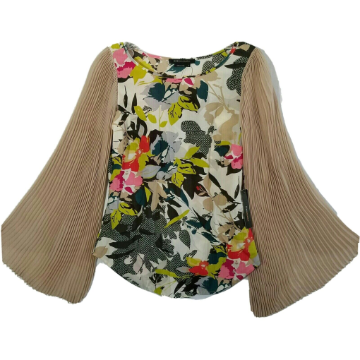 BCBGMAXAZRIA Floral Blouse M Beige Pleated Sleeve Top Women's